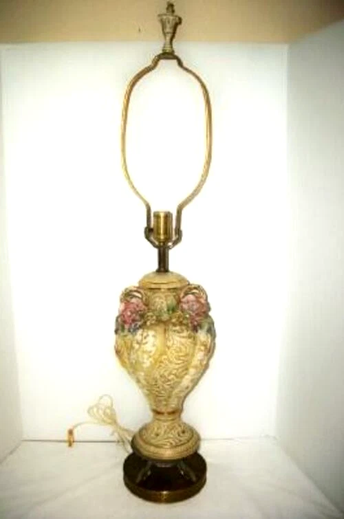 ITALIAN CAPODIMONTE LAMP CHERUBS LUSH ROSES GILT DOLPHIN BASE HOLLYWOOD REGENCY - Image 2 of 4