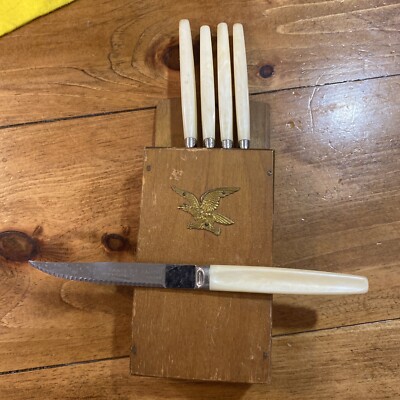 Set Of 5 Vintage Regent Sheffield Steak Knives Faux Pearl Handle With Holder 