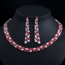 Romantic Love Heart White Red CZ Long Dangle Drop Earrings Necklace Jewelry Set