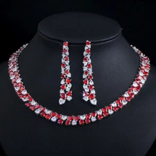 Romantic Love Heart White Red CZ Long Dangle Drop Earrings Necklace Jewelry Set