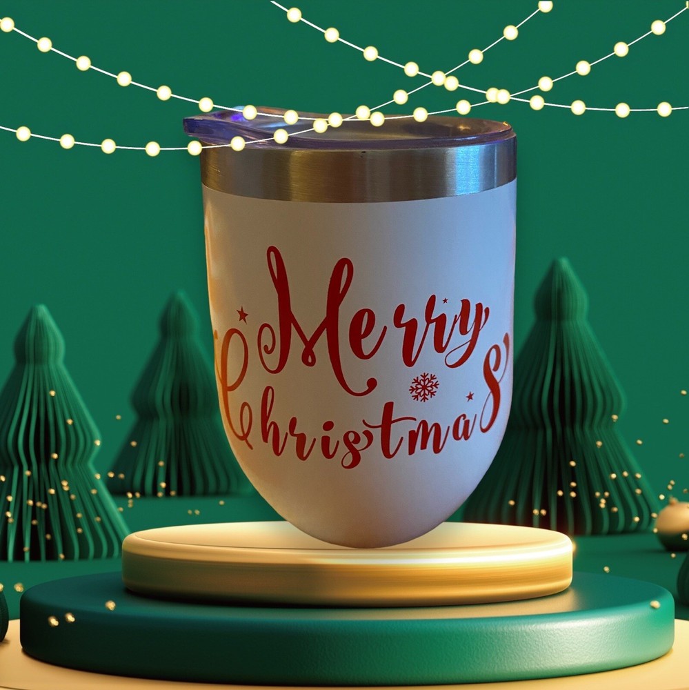 Tumbler Cup “Merry Christmas” White Stainless Steel 12 Fl Oz. Lid Coffee Tea