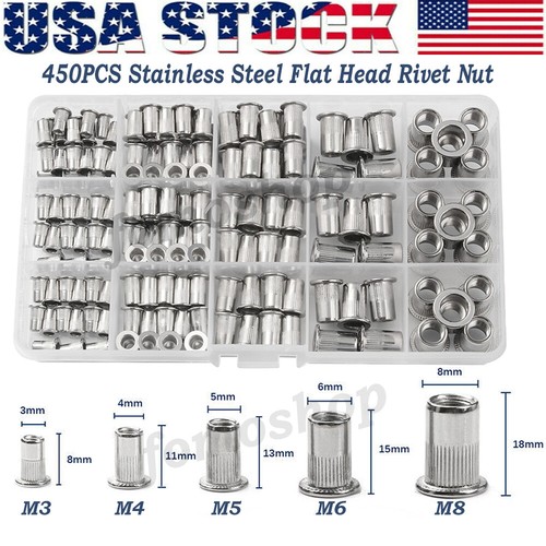 450pcs Stainless Steel Rivet Nut Kit Metric Rivnuts Nutsert Assorted M3-M8 Set