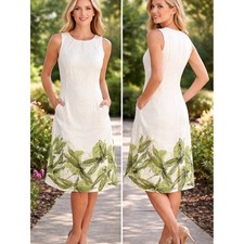 Talbots Linen Blend Dress Size 6 Ivory Green Floral Pockets Midi Tailored Skirt