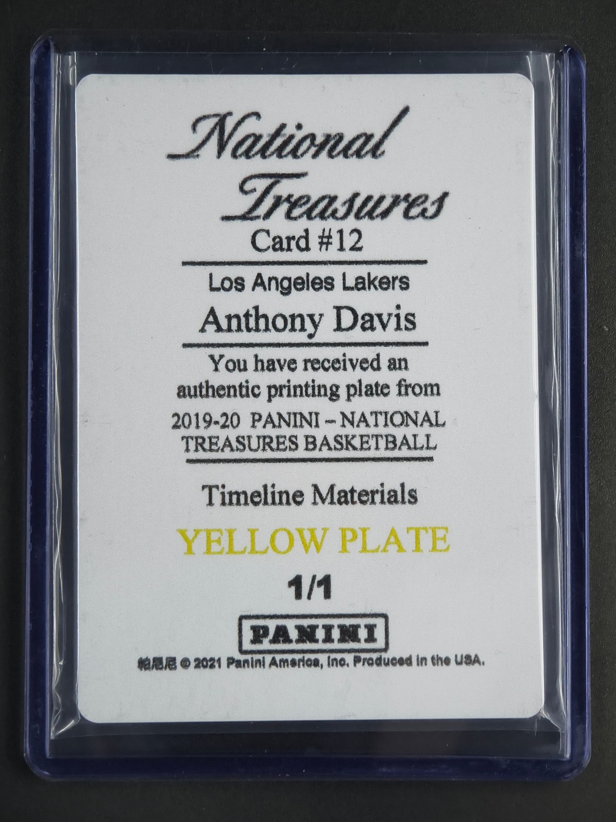 Anthony Davis 2019-20 National Treasures Patch Printing Plate 1/1 Timeline [9hk view 2