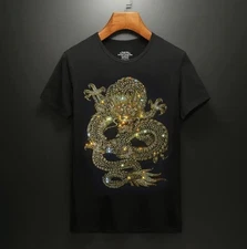 New Fashion Dragon Rhinestone Summer Short Sleeve Luxury Men Streetwear T-Shirt
