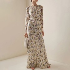 Retro Floral Printed Crew Neck Long Dress Womens Occident Long Sleeve Party Gown
