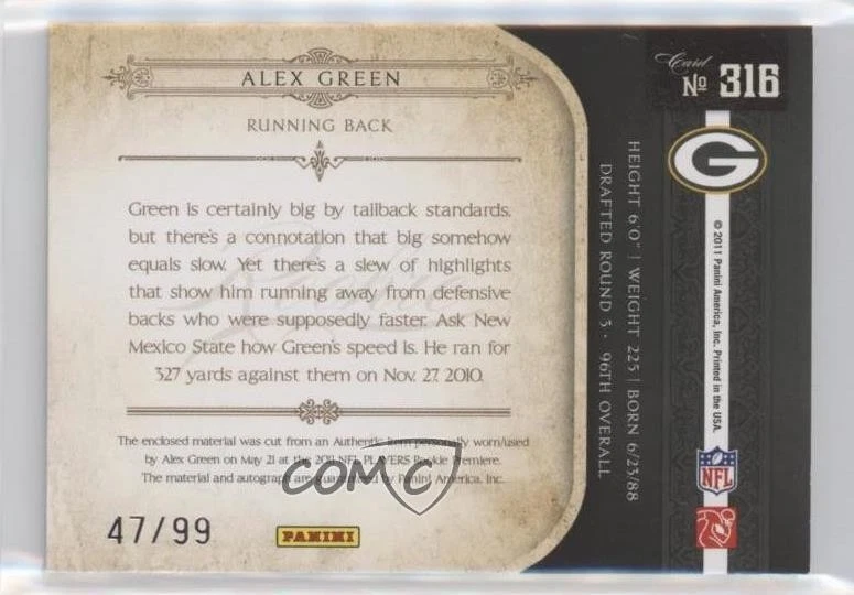 2011 Playoff National Treasures /99 Alex Green #316 RPA Rookie Patch Auto RC - Image 2 of 2