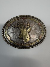 Vintage Western Deer Head Belt Buckle Made in USA Oval Brass Silver Tone