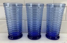 Set of 3  Vintage Libbey Sirrus Cobalt Blue Glass Flat Tumblers Coolers 6.25 in