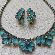 Vtg 50s Frosted Aqua Blue Rhinestone Juliana D&E AB Necklace Earrings Parure Set
