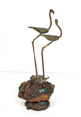 MCM Brutalist Bronze 2 Stork Crane Sculpture  Peacock Ore Mount Signed Watt 9.5''