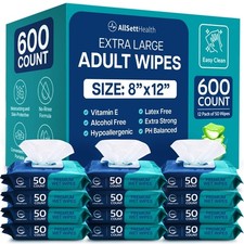 Body Wipes XL 8 x 12 600 Count Rinse Free Aloe Vera Vitamin E Adults Bathing