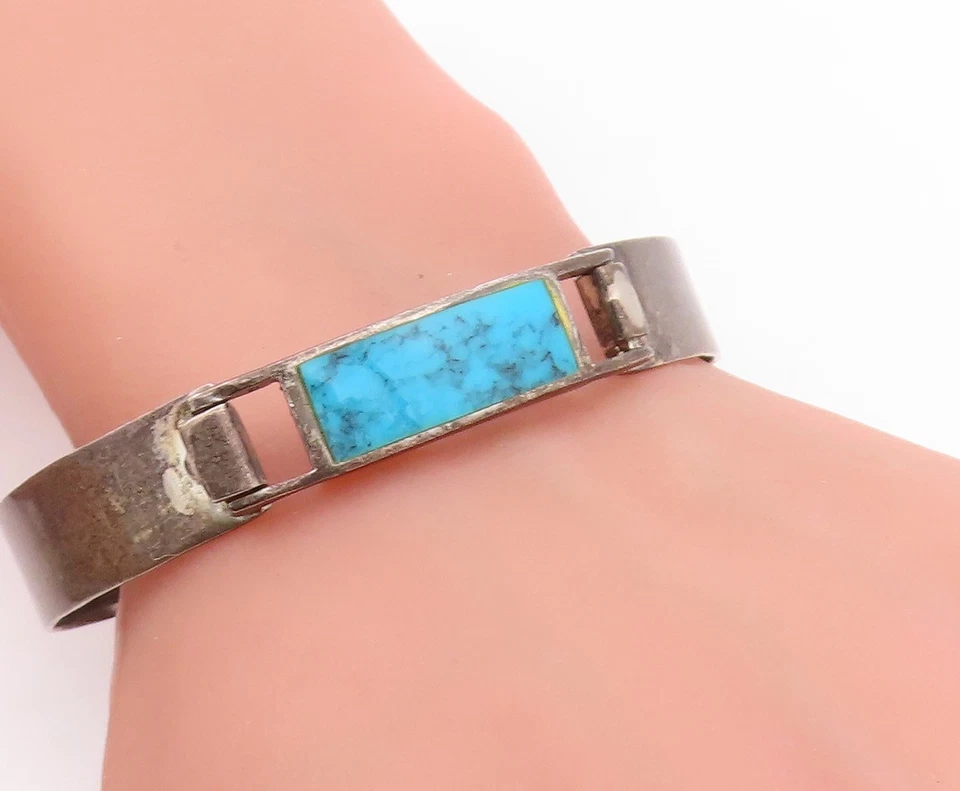 925 Sterling Silver Vintage Bracelet Rectangular Turquoise Inlay Bangle BT11456 - Image 3 of 4