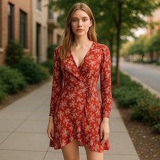 Women’s American Eagle Spring Floral Wrap Dress Red Medium