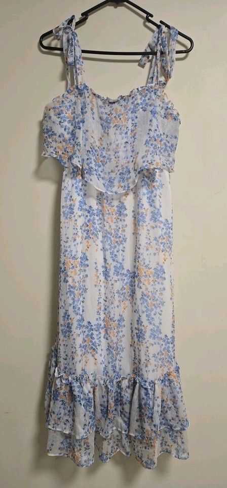 Indikkah Womens Size 10 Chiffon Midi Sundress Blue/White 