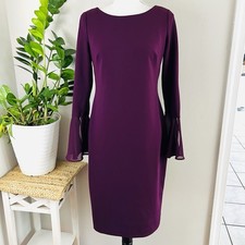 Calvin Klein Elegant AUBERGINE Purple Chiffon Bell Sleeve Sheath Dress Size 8