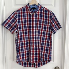Tommy Hilfiger Plaid Short Sleeve Button Up Casual Shirt Men L Cotton Red Blue