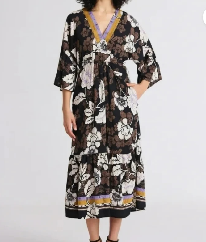 L (12-14) Sofia Vergara Kimono Style Midi Dress Belted Boho Artistic Floral
