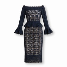 Monique Lhuillier Navy Lace Peplum Long Ruffle Cuff Sleeve Evening Dress Size 10