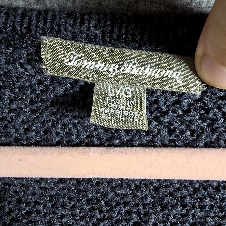 Tommy Bahama Suéter Tejido Abierto Para Mujer L Cuello Redondo Negro Red de Pescado Cárdigan Foto 3 de 4