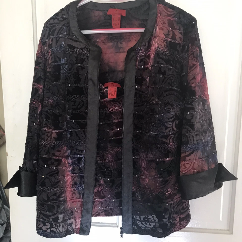 JS Collections Woman Sz18W Velvet Burnout Jacket and Tank Set Satin Trim Cuffs - Image 2 of 4