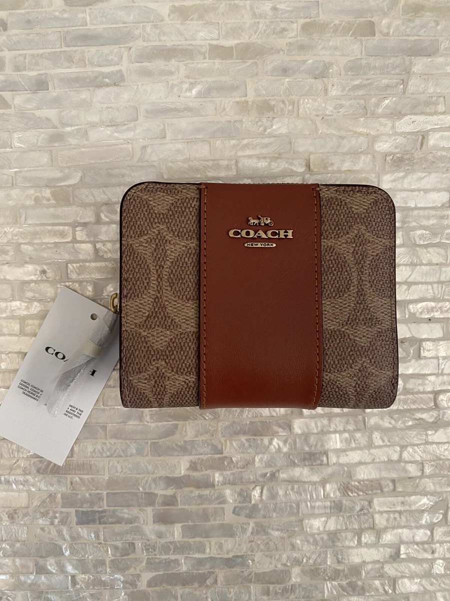 Coach Billfold Wallet In Colorblock Signature Canvas Brass/Tan/Rust