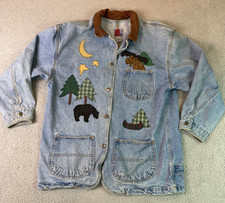 Vintage Sun Belt Denim Jacket Womens Large Moose Bear Button Pockets Cabincore