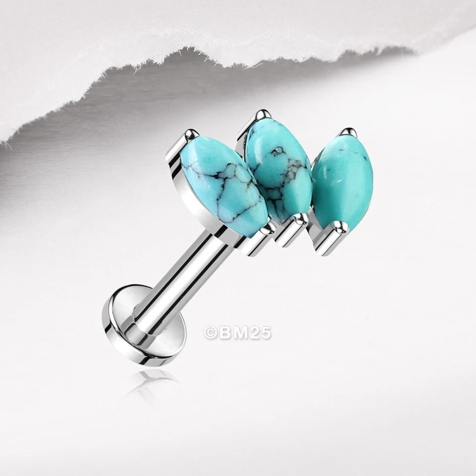 Implant Grade Titanium Triple Marquise Turquoise Internally Threaded Labret - Image 4 of 4
