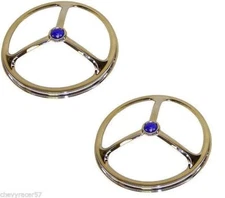 7" Lucas Tri Bar Blue Dot Headlight Headlamp Bulbs Chrome Trim Ring Covers Pair