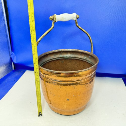 Copper Pot with Porcelain Handle Antique Bucket Plant Flowerpot 7in tall - Picture 7 of 11