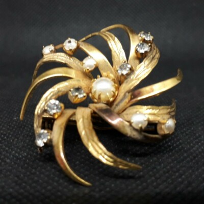 Broche Art Déco Ancienne - Plaqué Or, Strass Et Perle, Motif Soleil étoile, Occasion