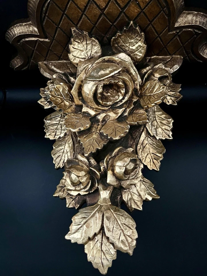 Antique Early 1900's Large 16" Italian Wood Gold Gilt Carved Rose Wall Shelf - Image 2 of 4