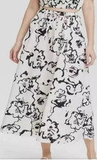 A New Day White  Black Floral Cotton Midi A-Line Skirt Elastic Waist XS