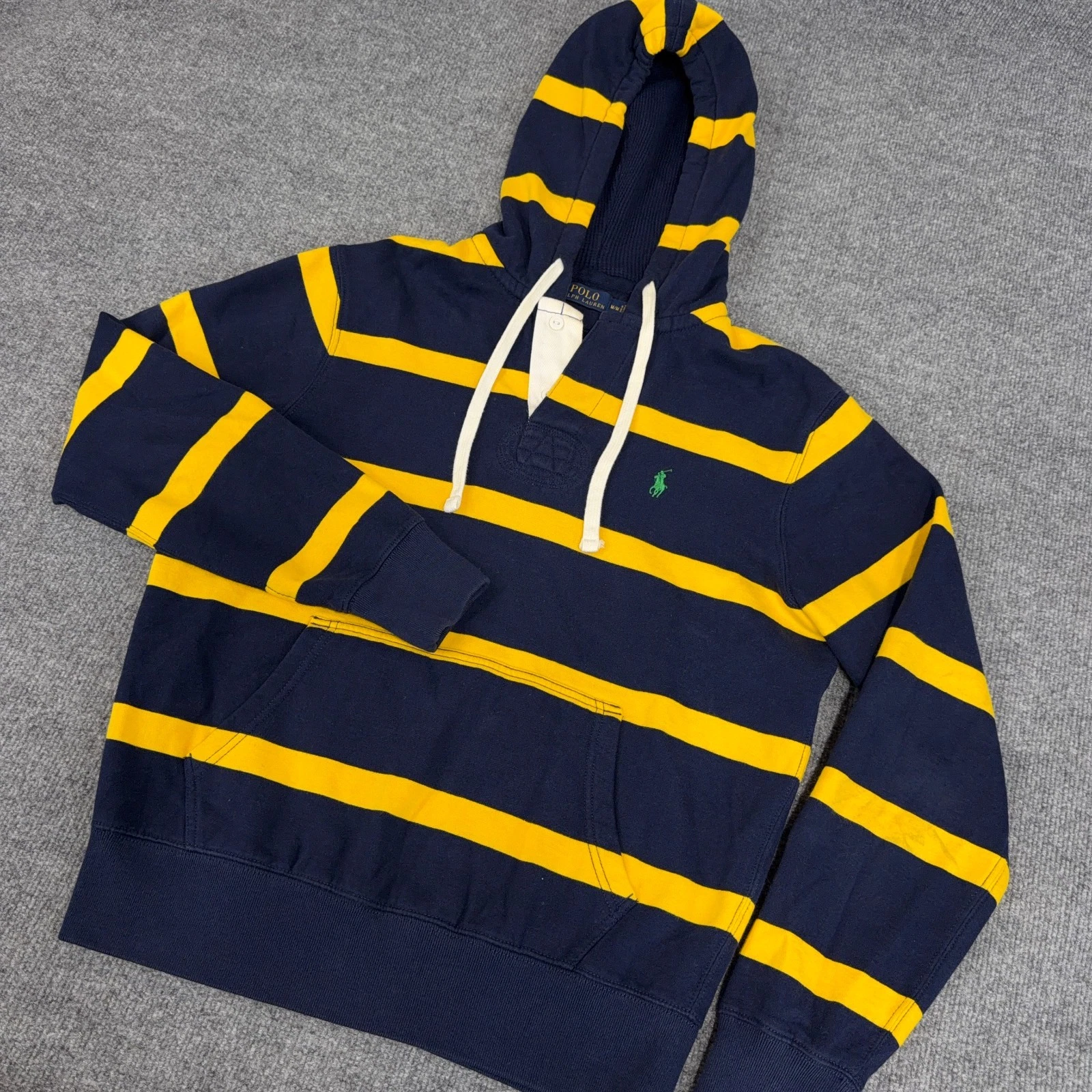 Polo Ralph Lauren Hoodie Mens M Rugby Striped Navy Yellow Pony Preppy Thermal