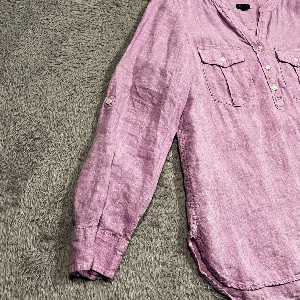 Camisa Talbots Petite de lino para mujer grande pequeña púrpura manga con lengüeta enrollable Foto 4 de 4