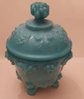 Vintage Portieux & Vallerysthal Blue Milk Glass Grape Pattern Candy Dish w/Lid