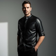 Handmade Black Leather Shirt for Men - Slim Fit Genuine Cowhide Biker Shirt