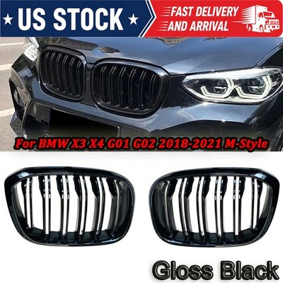 Front Kidney Grill Dual Slat For BMW X3 X4 G01 G02 2018-2021 M-Style Gloss Black