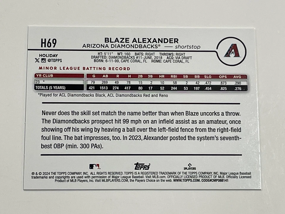 2024 Topps Holiday Baseball #H69 - Blaze Alexander RC - Arizona Diamondbacks - Image 2 of 2