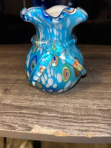 Vintage Murano Art Glass Sky Blue Millefiori Hand Blown Glass With Applied Bow