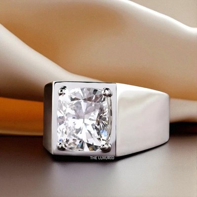 950 Platinum Engagement Men Ring Lab Grown IGI Cushion 4.5 Carat Diamond Band