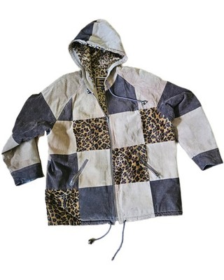 Fox Run Leather Hooded Zip Jacketl Leopard Colorblock Beige Gray Women s Size L