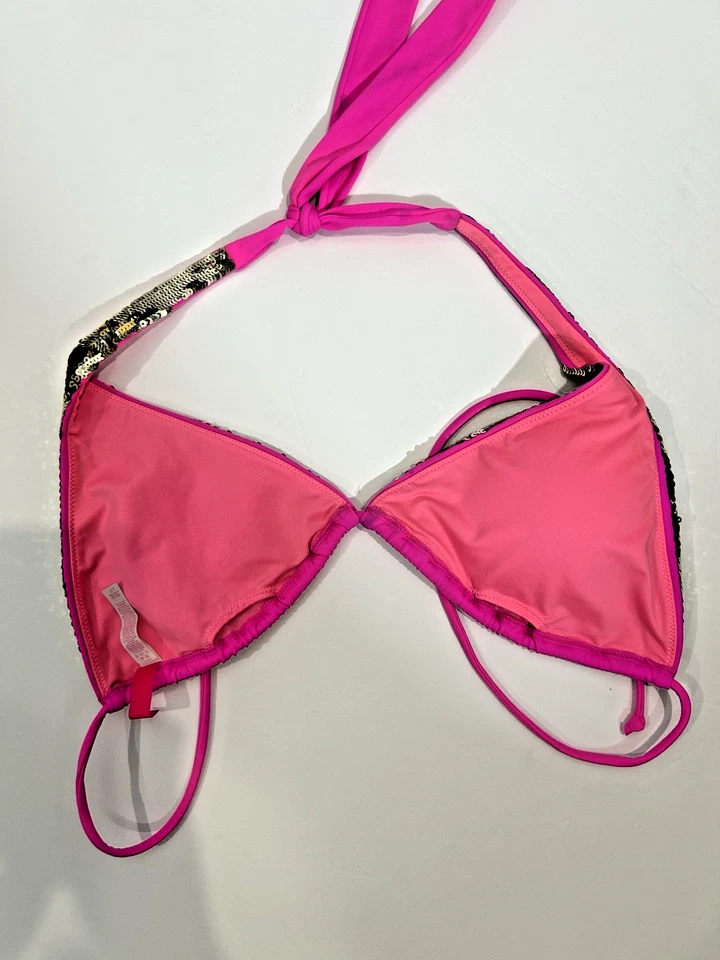 Vintage Y2K Victorias Secret Triangle Bikini Top Fuchsia Pink Sequin Leopard - L - Image 3 of 4