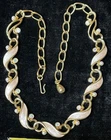 TRIFARI signed vintage enamel Ab crystal faux pearl gold tone necklace jewelry