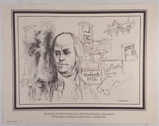 1968 Benjamin Franklin Poor Richard Almanack Press Key Raymond Houlihan Sketch