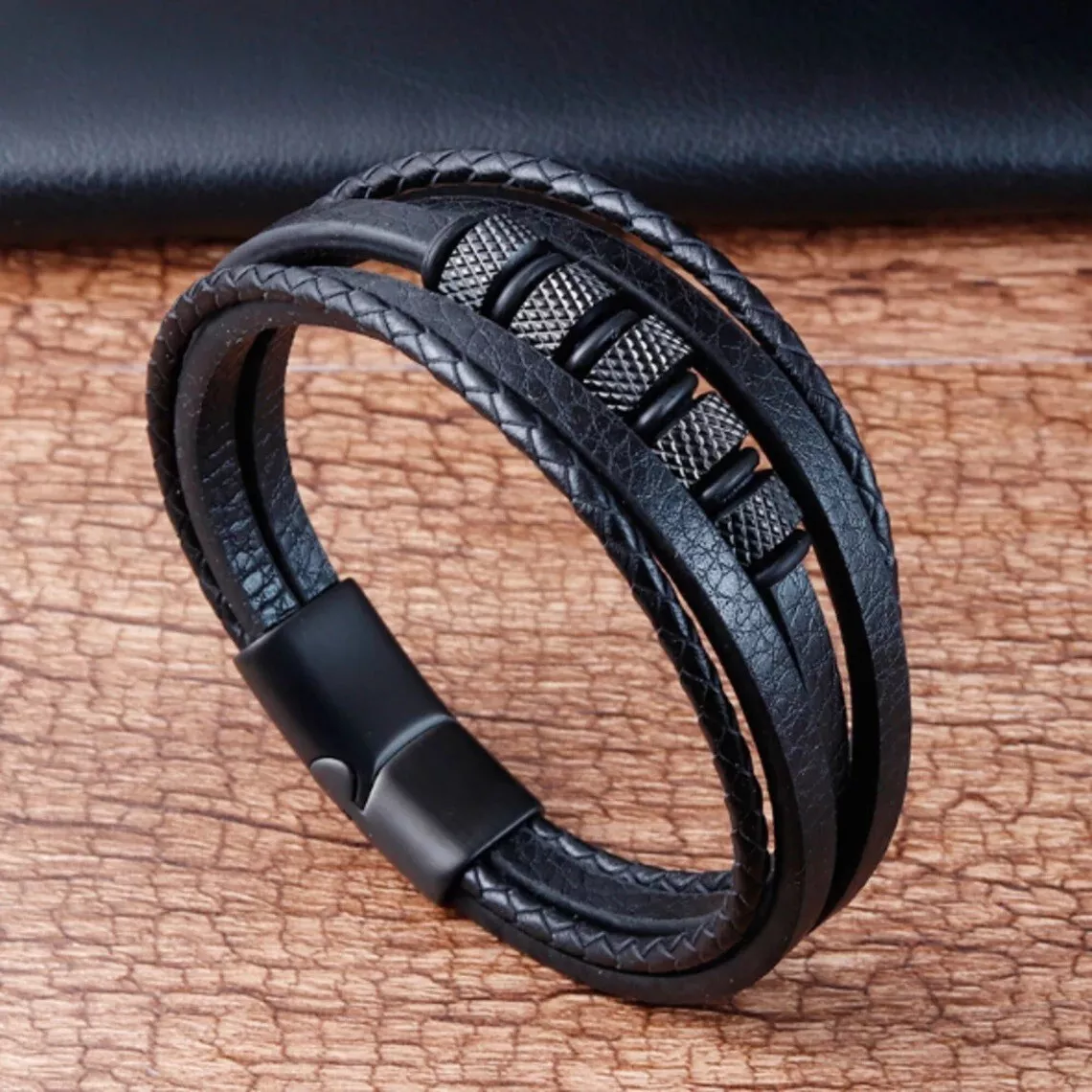 Men s Leather Braided Bracelet Multi Layer Punk Bracelet Bangle Magnetic Clasp