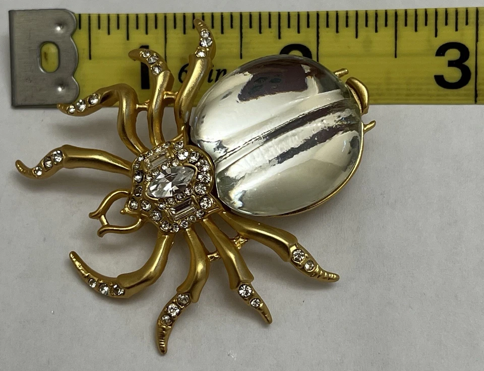 Signed Crystal Rhinestone Spider Brooch Pin Insect Glass Bug Clear Jelly Belly - Image 2 of 4