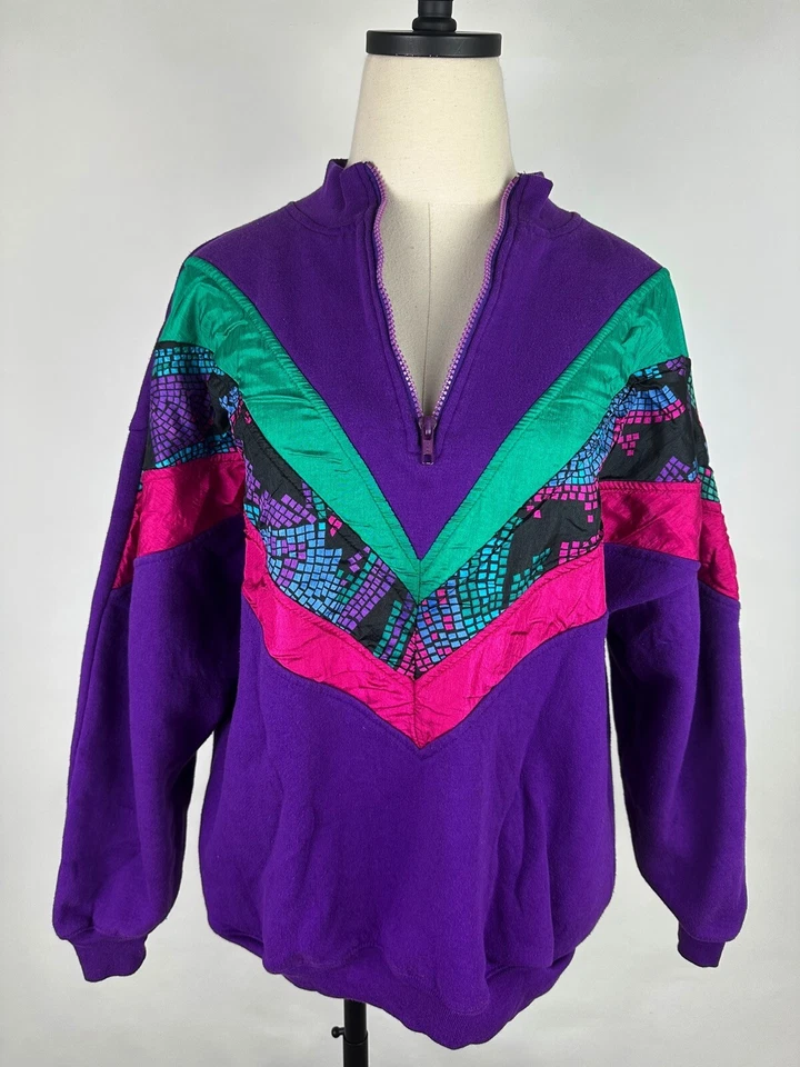 Sudadera Vintage Años 90 Mujer Grande 1/4 Cremallera Pullover Patchwork Entrenamiento Abuela Foto 2 de 4