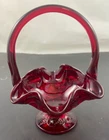 Vintage Fenton Ruby Red Strawberry Pattern Basket with Handle 6 1/2"