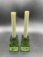 A Pair Of Fire and Light Recycled Art Glass Green Candle Stick Holders Signed 3”